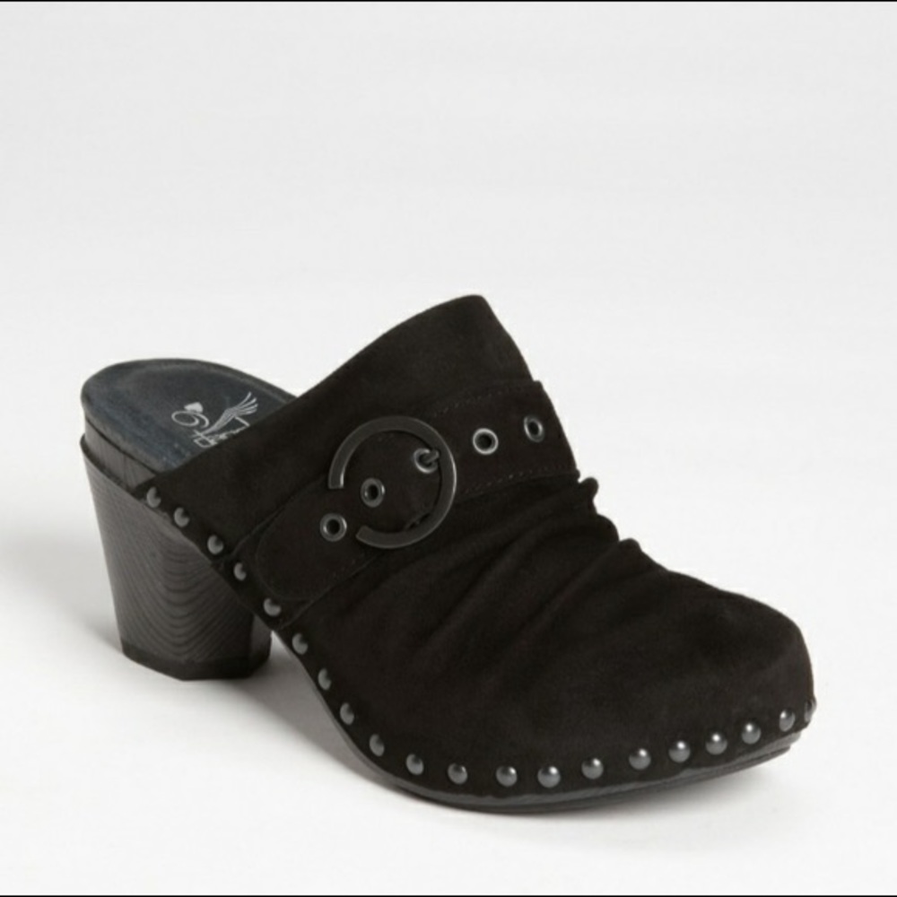 Dansko Nadine Heeled Mule Clogs Black Leather Suede Studded Buckle Slip-on 40